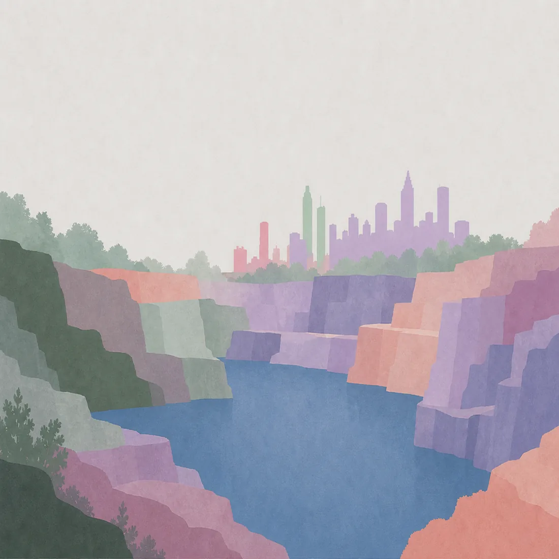 Paper-cut illustration of a deep granite quarry filled with water, city skyline on the horizon.