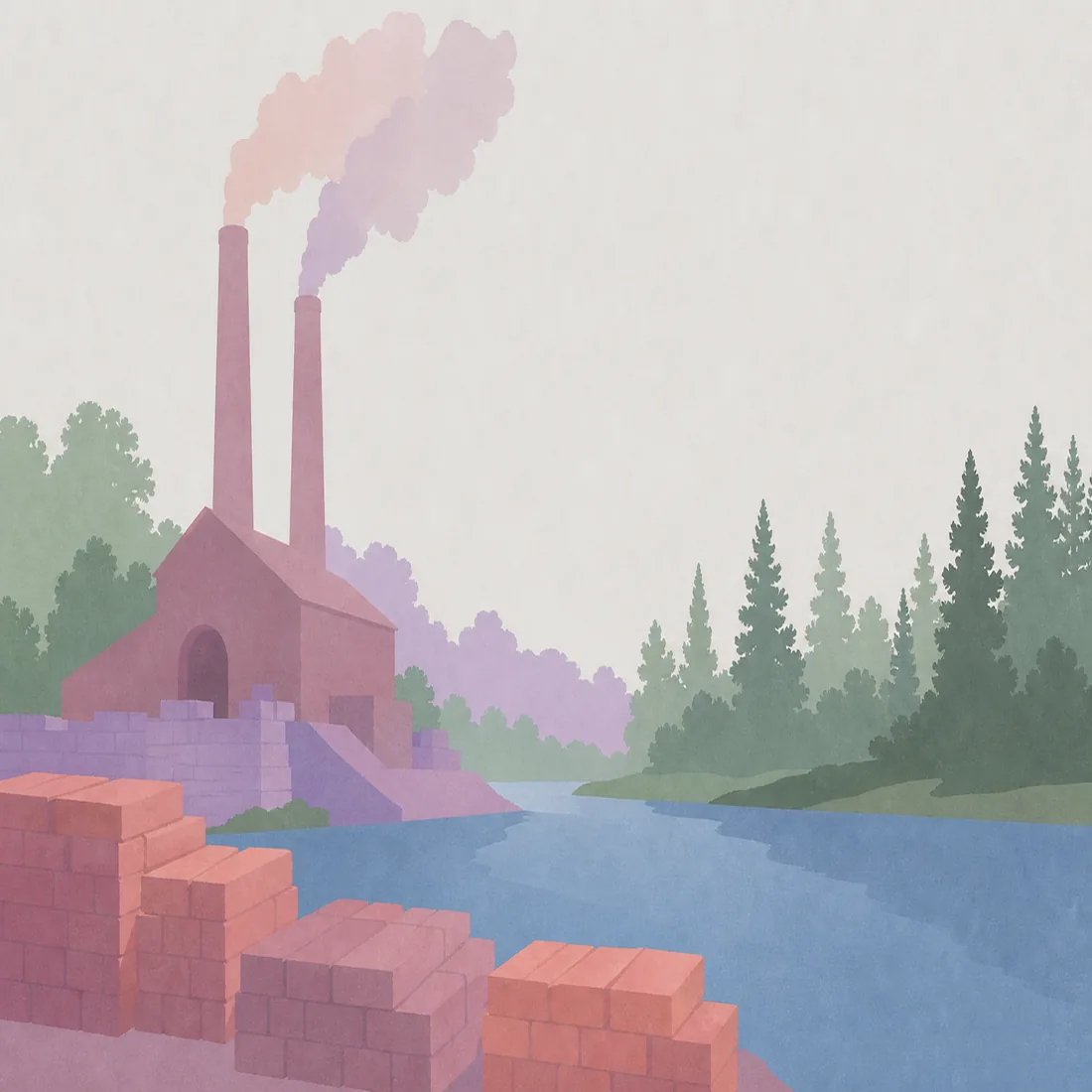 Paper-cut illustration of a brick kiln with two smokestacks beside a river, stacks of clay bricks in the foreground.
