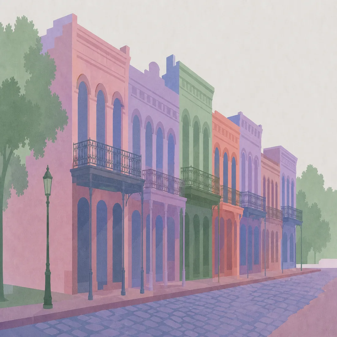Paper-cut illustration of a row of nineteenth-century brick storefronts with arched windows along a cobblestone street.