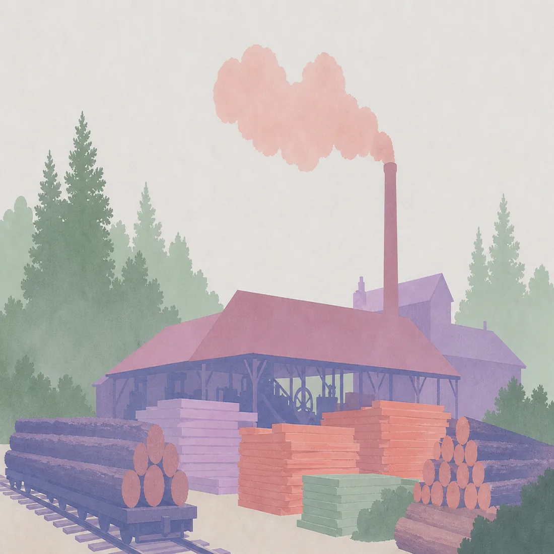 Paper-cut illustration of a steam sawmill beside a rail siding with stacks of cut lumber.
