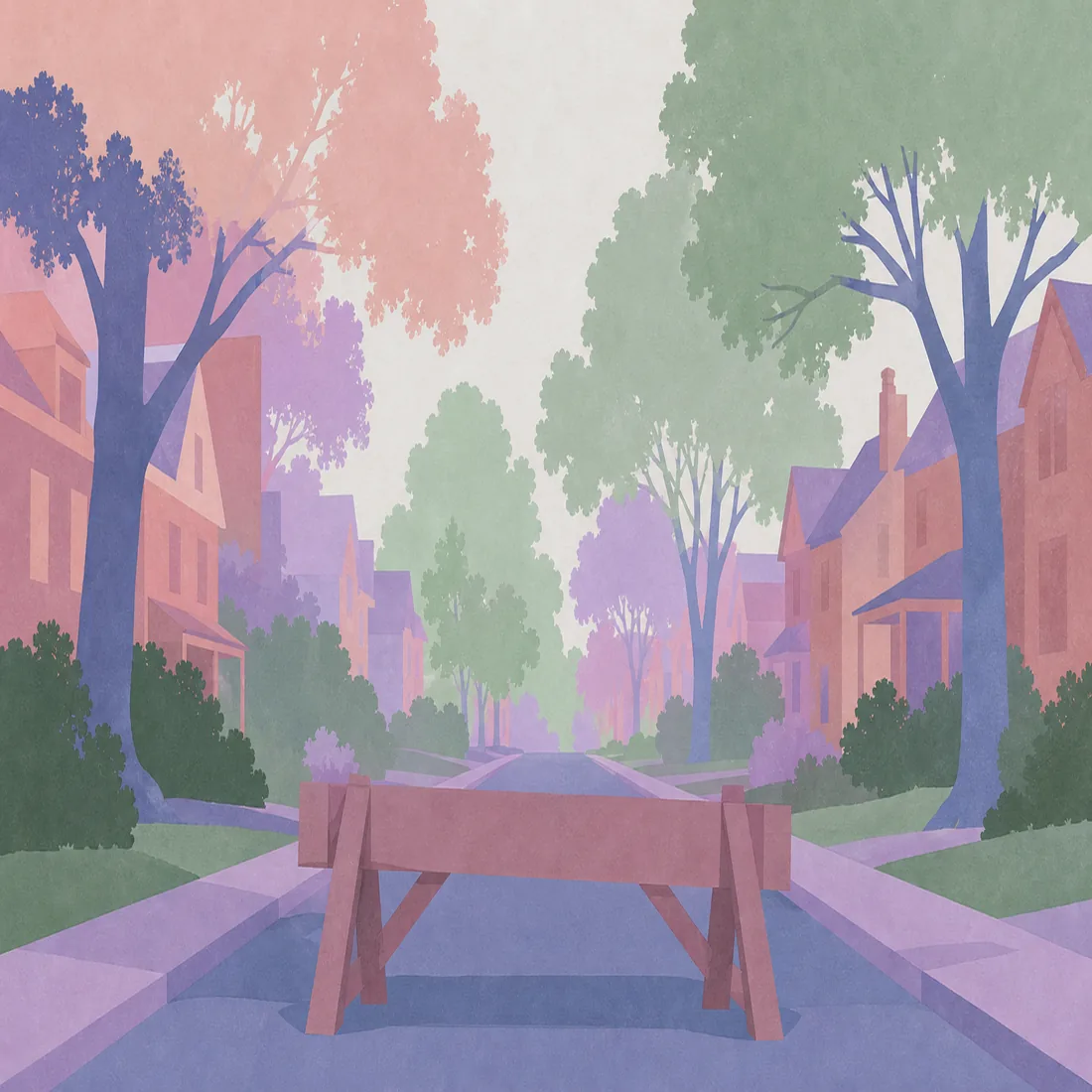Paper-cut illustration of a low wooden barricade blocking a quiet residential street lined with houses and oak trees.