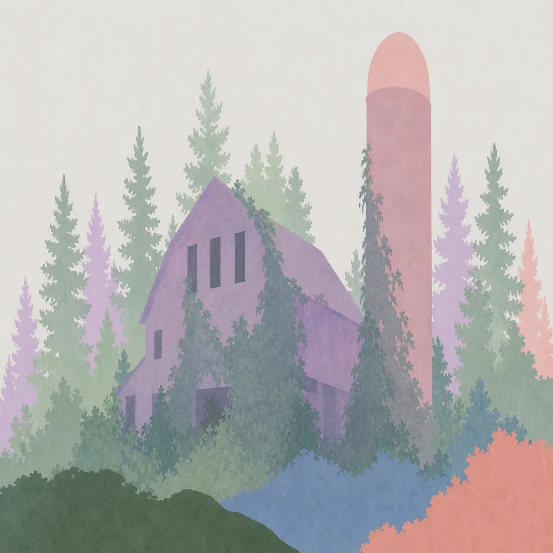 Paper-cut illustration of a derelict dairy barn and silo half swallowed by vines and pine forest.