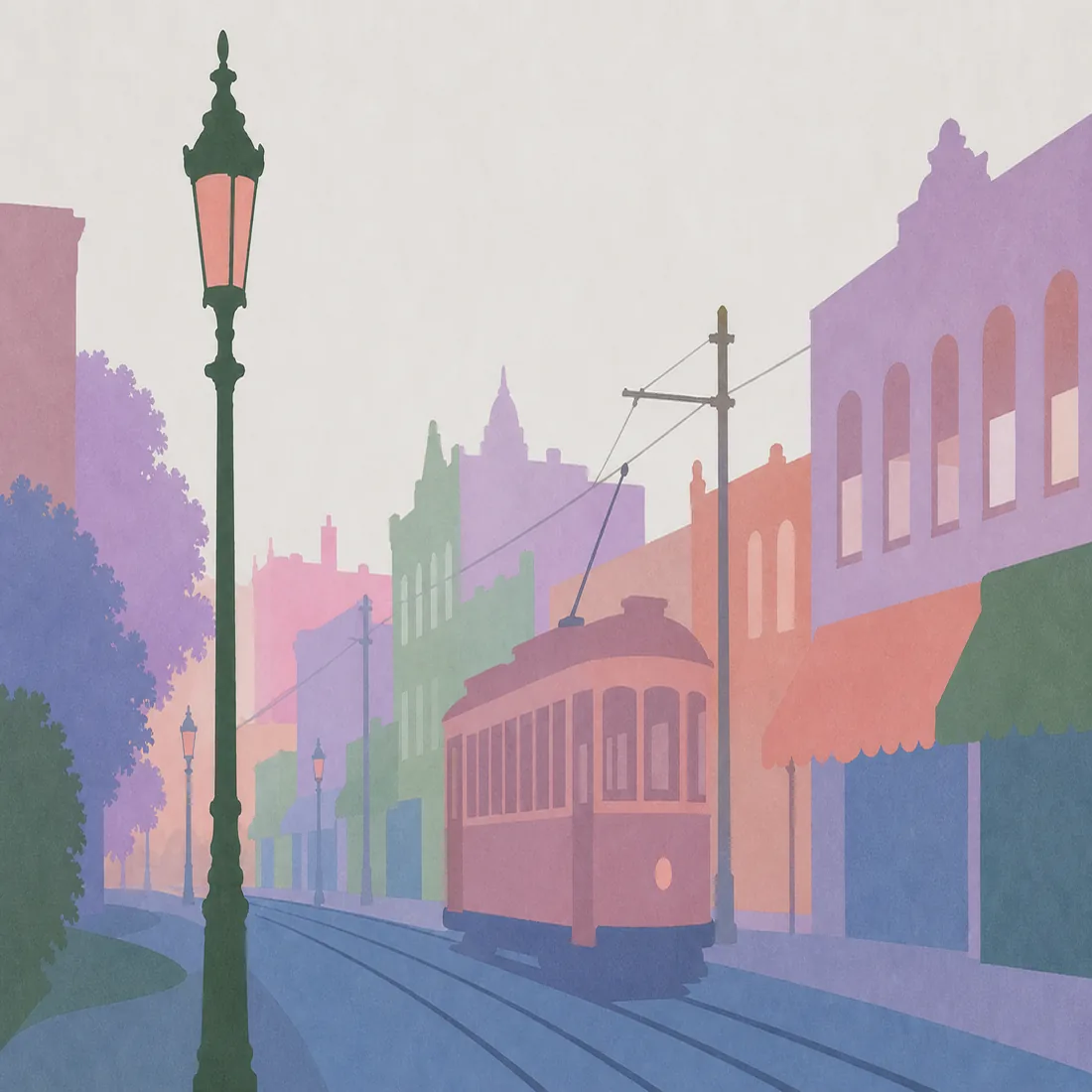 Paper-cut illustration of an early 1900s downtown street at dusk with a single electric streetcar.