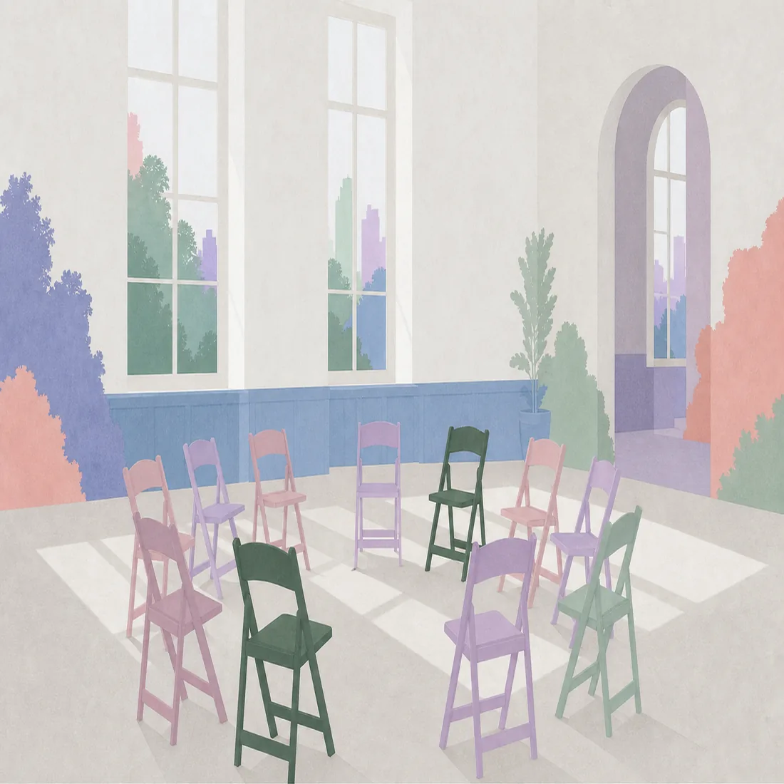 Paper-cut illustration of an empty circle of folding chairs in a community hall with tall windows.