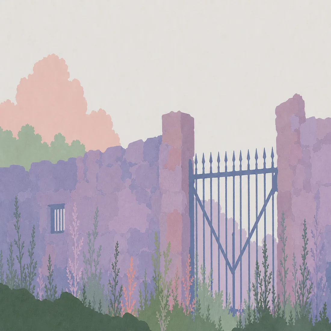 Paper-cut illustration of a high stone wall with a heavy iron gate and one barred window.